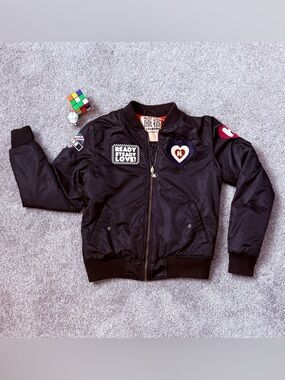 Vintage Harajuku Lovers Black Bomber Jacket with Heart Patch Y2K Rare